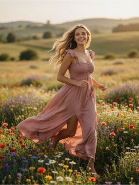 Smocked Ruffle-Strap Maxi Dress in Dusty Rose